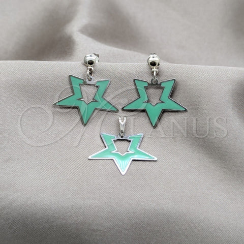 Stainless Steel Earring and Pendant Adult Set, Star Design, Green Enamel Finish, Steel Finish, 10.63.0646