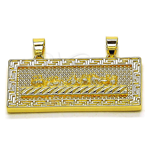 Oro Laminado Religious Pendant, Gold Filled Style Greek Key Design, Diamond Cutting Finish, Golden Finish, 05.120.0094