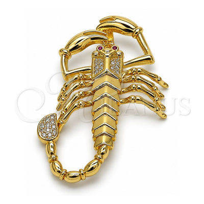 Oro Laminado Religious Pendant, Gold Filled Style Scorpion Design, with White and Ruby Cubic Zirconia, Polished, Golden Finish, 05.120.0097