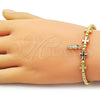 Oro Laminado Adjustable Bolo Bracelet, Gold Filled Style San Judas and Cross Design, Polished, Golden Finish, 03.341.0237.11 (04 MM Thickness, 11 Inches Length)