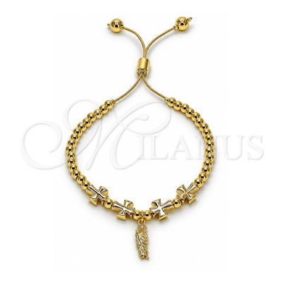 Oro Laminado Adjustable Bolo Bracelet, Gold Filled Style San Judas and Cross Design, Polished, Golden Finish, 03.341.0237.11 (04 MM Thickness, 11 Inches Length)
