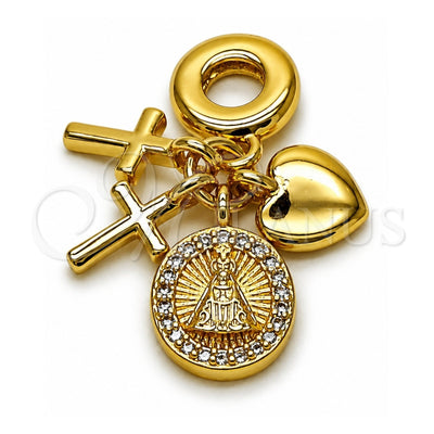 Oro Laminado Religious Pendant, Gold Filled Style Caridad del Cobre and Heart Design, with White Micro Pave, Polished, Golden Finish, 05.341.0108