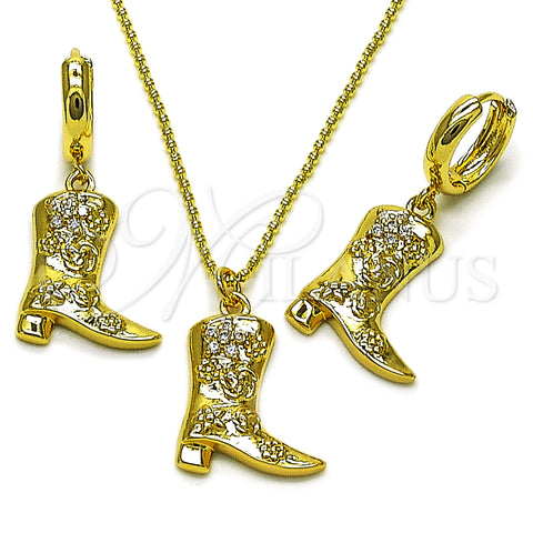 Oro Laminado Earring and Pendant Adult Set, Gold Filled Style Shoes and Flower Design, with White Cubic Zirconia, Polished, Golden Finish, 10.341.0018