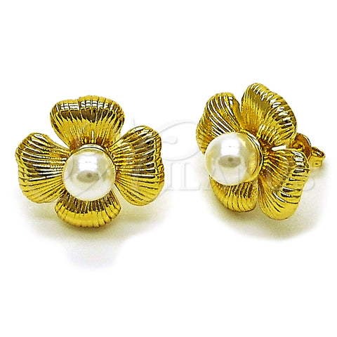 Oro Laminado Stud Earring, Gold Filled Style Flower Design, with Ivory Pearl, Diamond Cutting Finish, Golden Finish, 02.341.0255