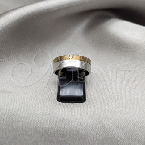 Stainless Steel Mens Ring, Double Design, with White Crystal, Polished, Golden Finish, 01.63.0652.10 (Size 10)