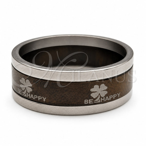 Stainless Steel Mens Ring, Four-leaf Clover and Triple Design, Brown Enamel Finish, Steel Finish, 01.63.0657.06 (Size 6)