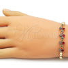 Oro Laminado Fancy Bracelet, Gold Filled Style Cherry and Heart Design, with Garnet and Ruby Cubic Zirconia, Polished, Golden Finish, 03.283.0482.07 (Thickness, 7 Inches Length)