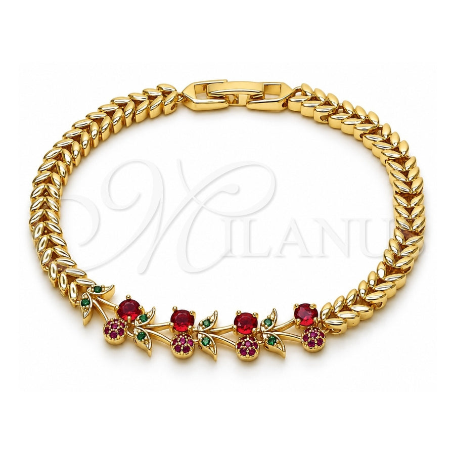 Oro Laminado Fancy Bracelet, Gold Filled Style Cherry Design, with Ruby and Green Cubic Zirconia, Polished, Golden Finish, 03.283.0483.07 (Thickness, 8 Inches Length)