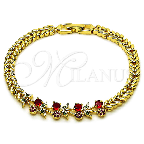 Oro Laminado Fancy Bracelet, Gold Filled Style Cherry Design, with Ruby and Green Cubic Zirconia, Polished, Golden Finish, 03.283.0483.07 (Thickness, 8 Inches Length)