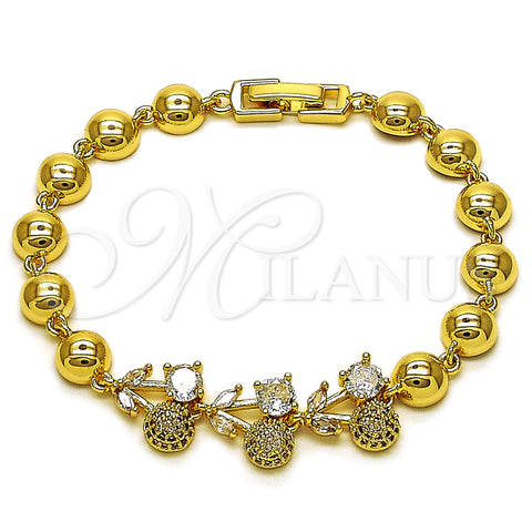 Oro Laminado Fancy Bracelet, Gold Filled Style Cherry and Ball Design, with White Cubic Zirconia and White Micro Pave, Polished, Golden Finish, 03.283.0474.1.07 (Thickness, 7 Inches Length)