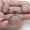 Stainless Steel Earring and Pendant Adult Set, Pink Resin Finish, Golden Finish, 10.63.0651