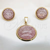 Stainless Steel Earring and Pendant Adult Set, Pink Resin Finish, Golden Finish, 10.63.0651