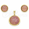 Stainless Steel Earring and Pendant Adult Set, Pink Resin Finish, Golden Finish, 10.63.0651