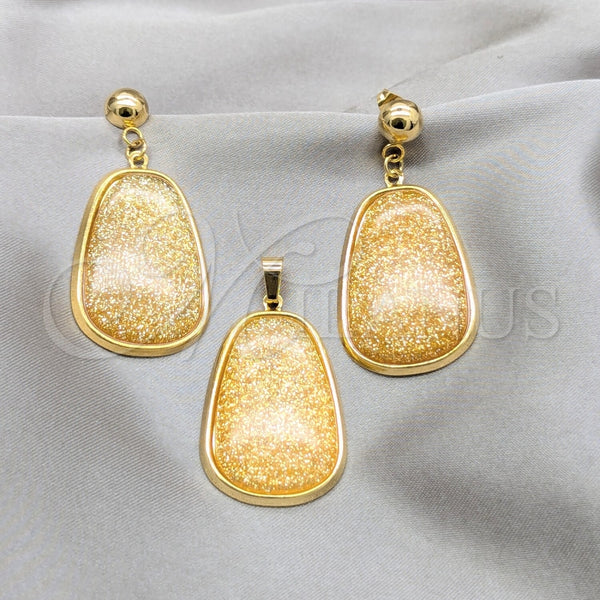 Stainless Steel Earring and Pendant Adult Set, Yellow Resin Finish, Golden Finish, 10.63.0656