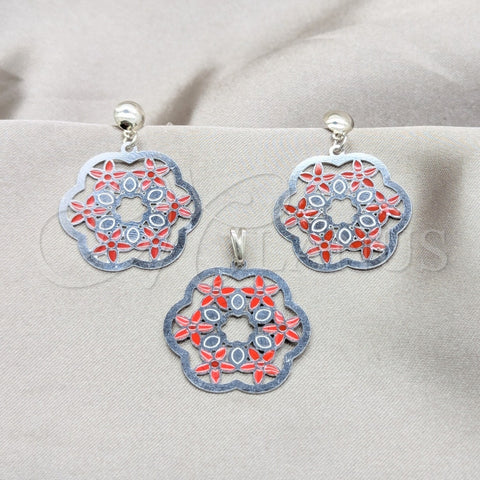 Stainless Steel Earring and Pendant Adult Set, Flower Design, Multicolor Enamel Finish, Steel Finish, 10.63.0660