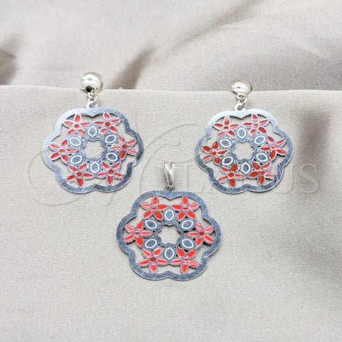 Stainless Steel Earring and Pendant Adult Set, Flower Design, Multicolor Enamel Finish, Steel Finish, 10.63.0660