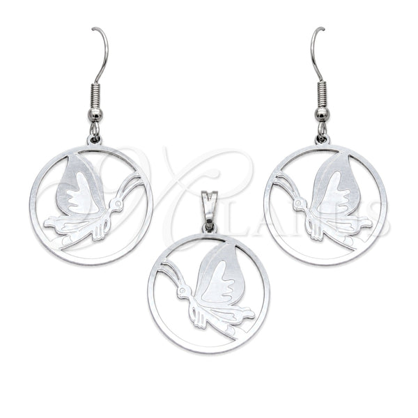 Stainless Steel Earring and Pendant Adult Set, Butterfly Design, Multicolor Polished, Steel Finish, 10.63.0664