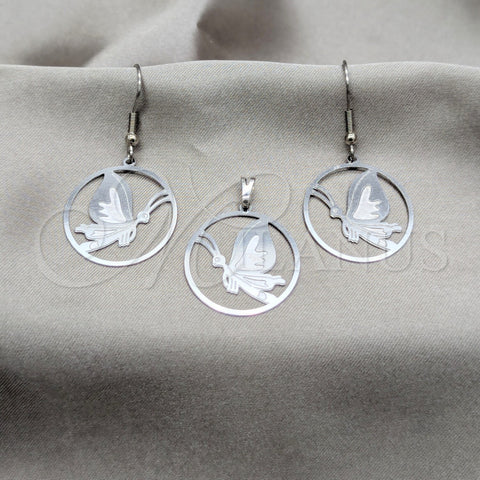 Stainless Steel Earring and Pendant Adult Set, Butterfly Design, Multicolor Polished, Steel Finish, 10.63.0664