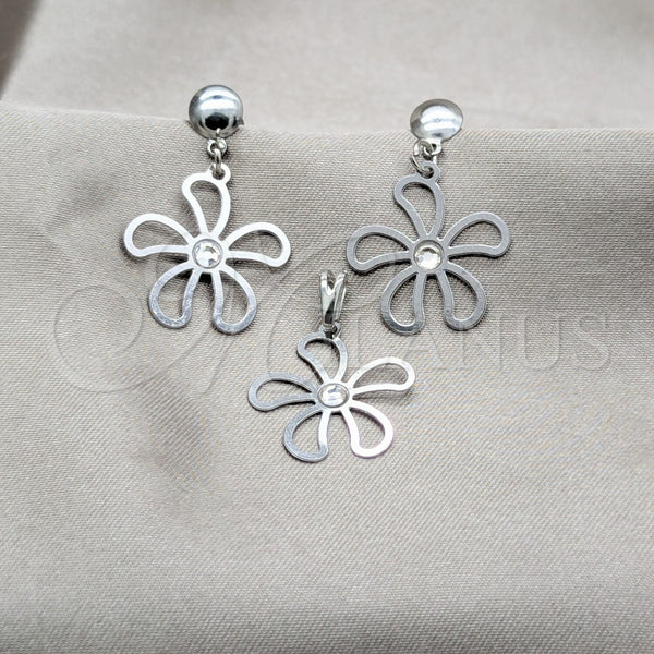 Stainless Steel Earring and Pendant Adult Set, Flower Design, with White Crystal, Multicolor Polished, Steel Finish, 10.63.0666