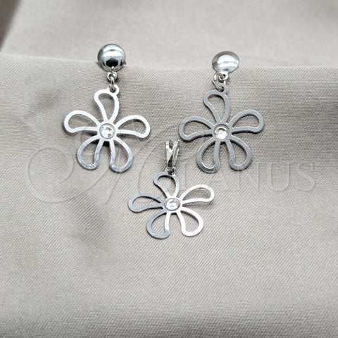 Stainless Steel Earring and Pendant Adult Set, Flower Design, with White Crystal, Multicolor Polished, Steel Finish, 10.63.0666