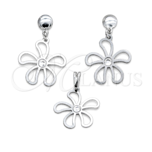Stainless Steel Earring and Pendant Adult Set, Flower Design, with White Crystal, Multicolor Polished, Steel Finish, 10.63.0666