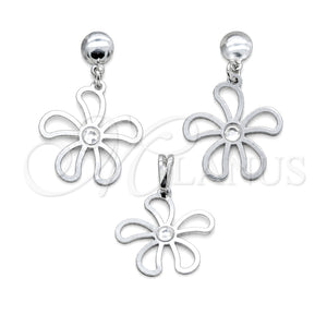 Stainless Steel Earring and Pendant Adult Set, Flower Design, with White Crystal, Multicolor Polished, Steel Finish, 10.63.0666