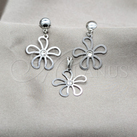 Stainless Steel Earring and Pendant Adult Set, Flower Design, with White Crystal, Multicolor Polished, Steel Finish, 10.63.0666