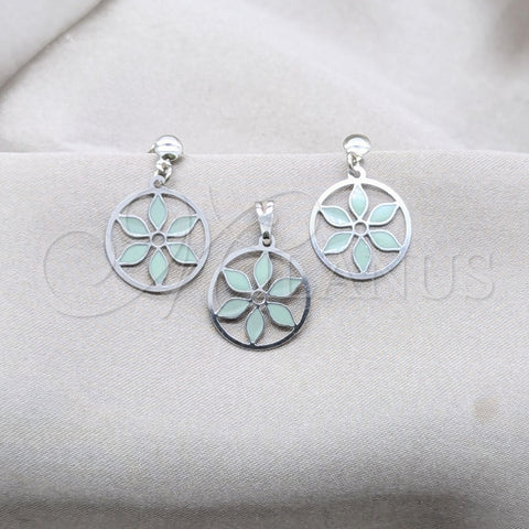 Stainless Steel Earring and Pendant Adult Set, Flower Design, Green Enamel Finish, Steel Finish, 10.63.0667