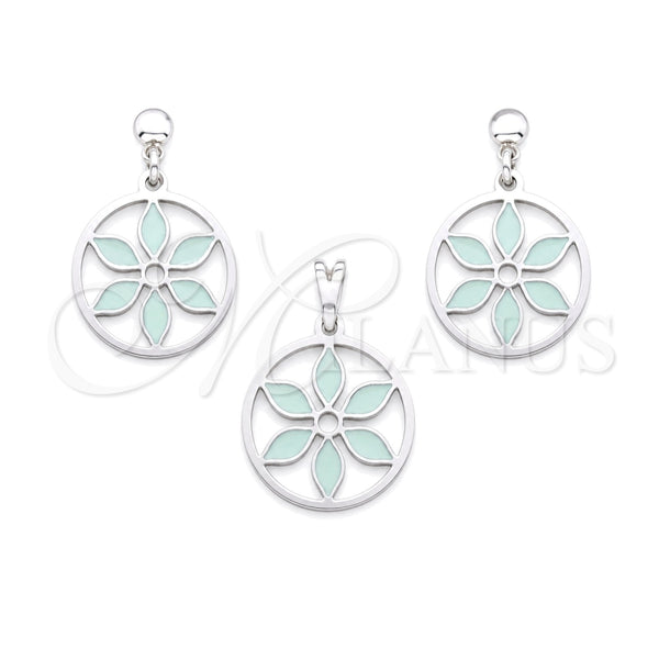 Stainless Steel Earring and Pendant Adult Set, Flower Design, Green Enamel Finish, Steel Finish, 10.63.0667