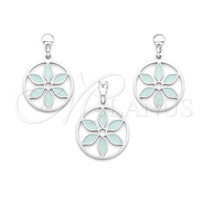 Stainless Steel Earring and Pendant Adult Set, Flower Design, Green Enamel Finish, Steel Finish, 10.63.0667