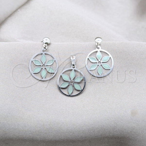 Stainless Steel Earring and Pendant Adult Set, Flower Design, Green Enamel Finish, Steel Finish, 10.63.0667