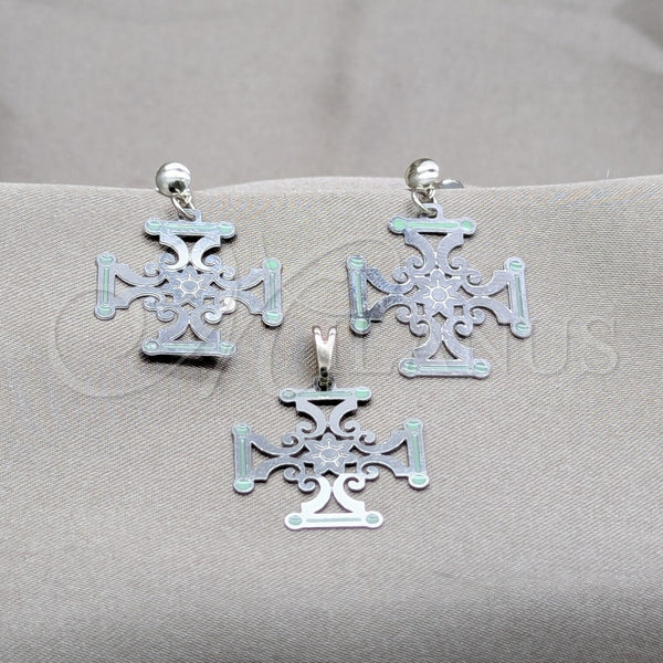 Stainless Steel Earring and Pendant Adult Set, Flower Design, Green Enamel Finish, Steel Finish, 10.63.0668