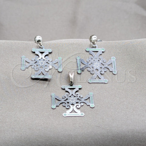 Stainless Steel Earring and Pendant Adult Set, Flower Design, Green Enamel Finish, Steel Finish, 10.63.0668