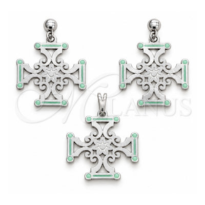 Stainless Steel Earring and Pendant Adult Set, Flower Design, Green Enamel Finish, Steel Finish, 10.63.0668