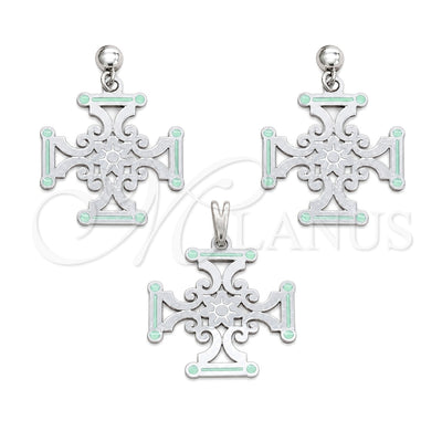 Stainless Steel Earring and Pendant Adult Set, Flower Design, Green Enamel Finish, Steel Finish, 10.63.0668 for wholesale, main product view