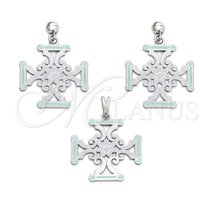 Stainless Steel Earring and Pendant Adult Set, Flower Design, Green Enamel Finish, Steel Finish, 10.63.0668