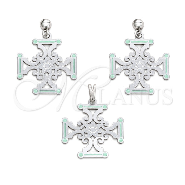 Stainless Steel Earring and Pendant Adult Set, Flower Design, Green Enamel Finish, Steel Finish, 10.63.0668
