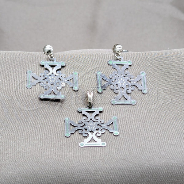 Stainless Steel Earring and Pendant Adult Set, Flower Design, Green Enamel Finish, Steel Finish, 10.63.0668