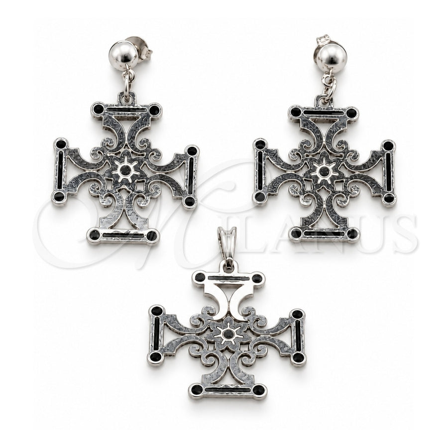Stainless Steel Earring and Pendant Adult Set, Black Enamel Finish, Steel Finish, 10.63.0669