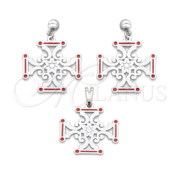 Stainless Steel Earring and Pendant Adult Set, Red Enamel Finish, Steel Finish, 10.63.0670