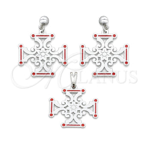 Stainless Steel Earring and Pendant Adult Set, Red Enamel Finish, Steel Finish, 10.63.0670