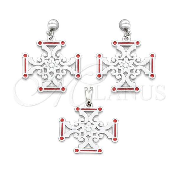 Stainless Steel Earring and Pendant Adult Set, Red Enamel Finish, Steel Finish, 10.63.0670