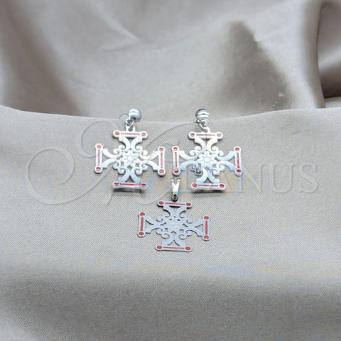 Stainless Steel Earring and Pendant Adult Set, Red Enamel Finish, Steel Finish, 10.63.0670