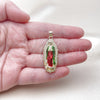 Oro Laminado Religious Pendant, Gold Filled Style Guadalupe Design, with White Cubic Zirconia, Polished, Tricolor, 05.210.0012