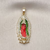 Oro Laminado Religious Pendant, Gold Filled Style Guadalupe Design, with White Cubic Zirconia, Polished, Tricolor, 05.210.0012