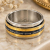 Stainless Steel Mens Ring, Triple Design, Blue Enamel Finish, Golden Finish, 01.63.0687.07 (Size 7)