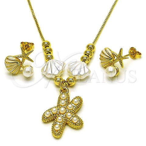 Oro Laminado Earring and Pendant Adult Set, Gold Filled Style Shell and Star Design, with Ivory Pearl, White Enamel Finish, Golden Finish, 10.341.0019