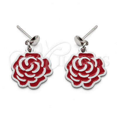 Stainless Steel Stud Earring, Flower Design, Red Enamel Finish, Steel Finish, 02.63.2854