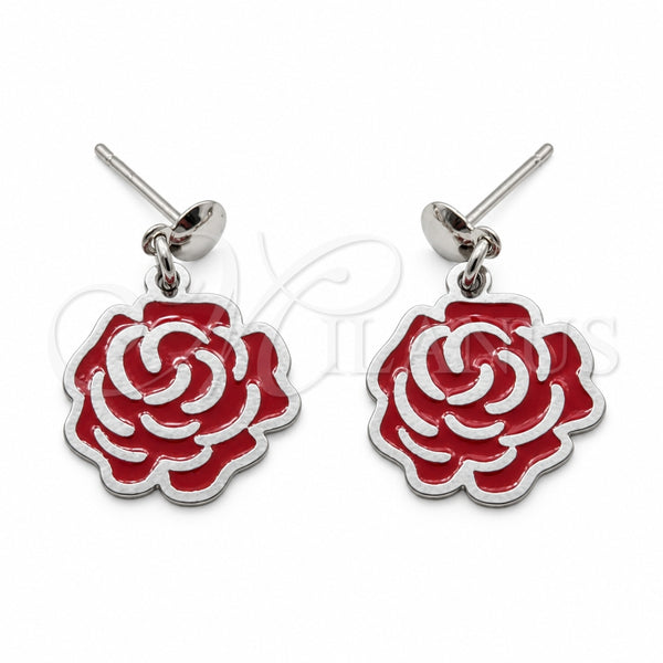 Stainless Steel Stud Earring, Flower Design, Red Enamel Finish, Steel Finish, 02.63.2854