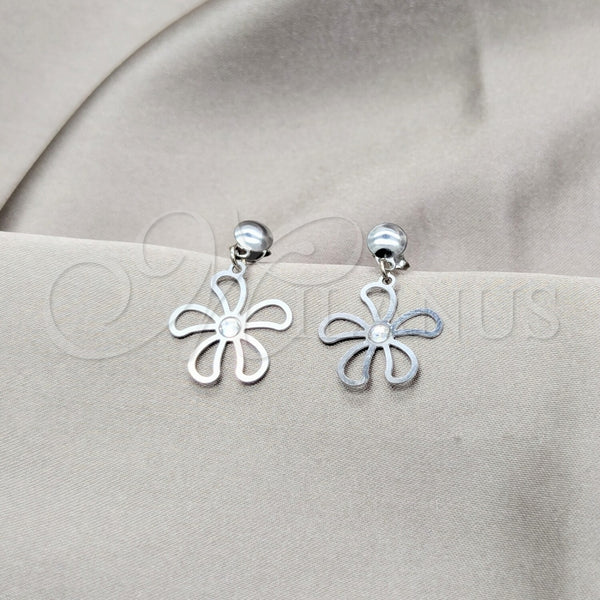 Stainless Steel Stud Earring, Flower Design, with White Crystal, Polished, Steel Finish, 02.63.2857